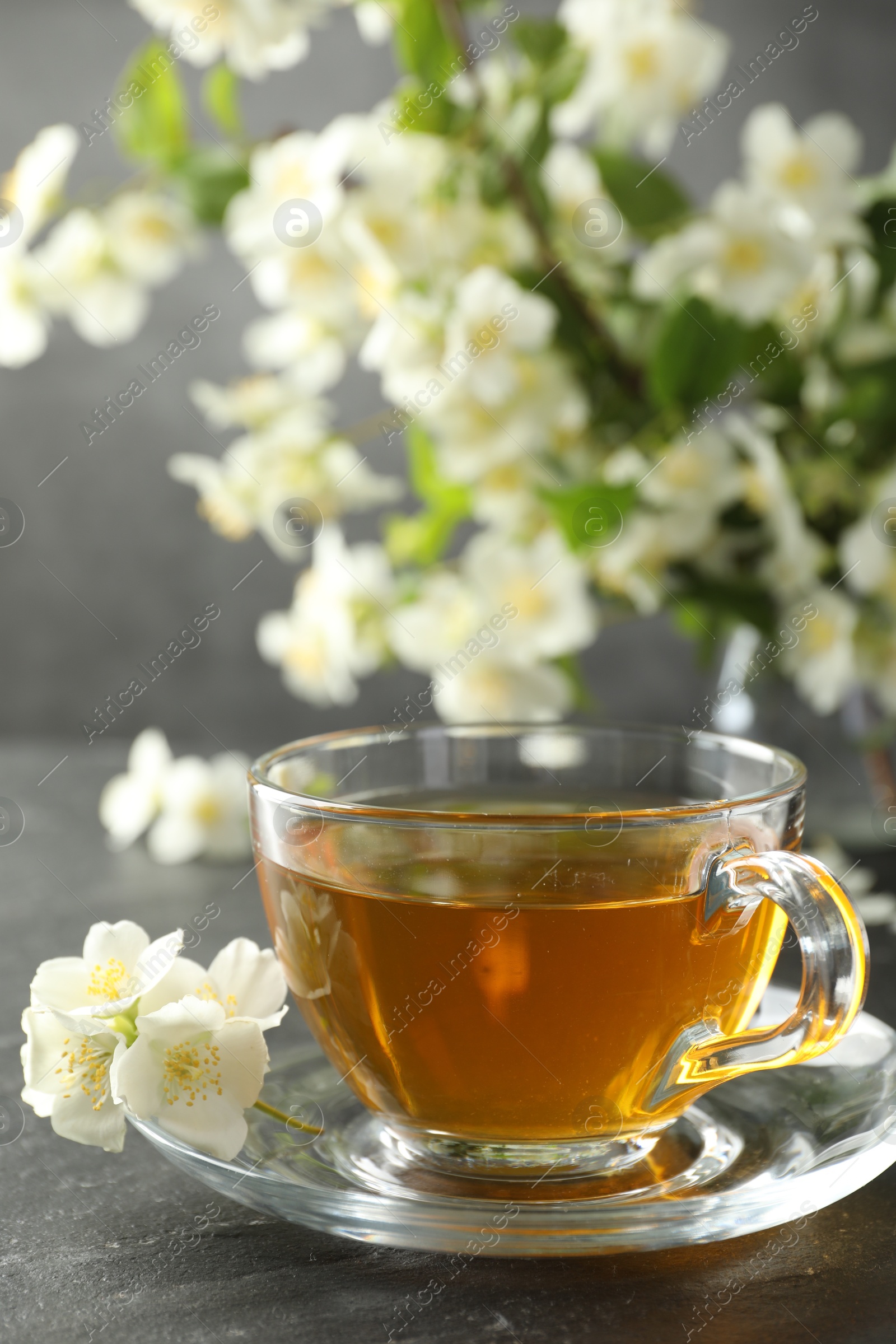 Aromatic jasmine tea and flowers on grey table Photo of Aromatic jasmine tea and flowers on grey table