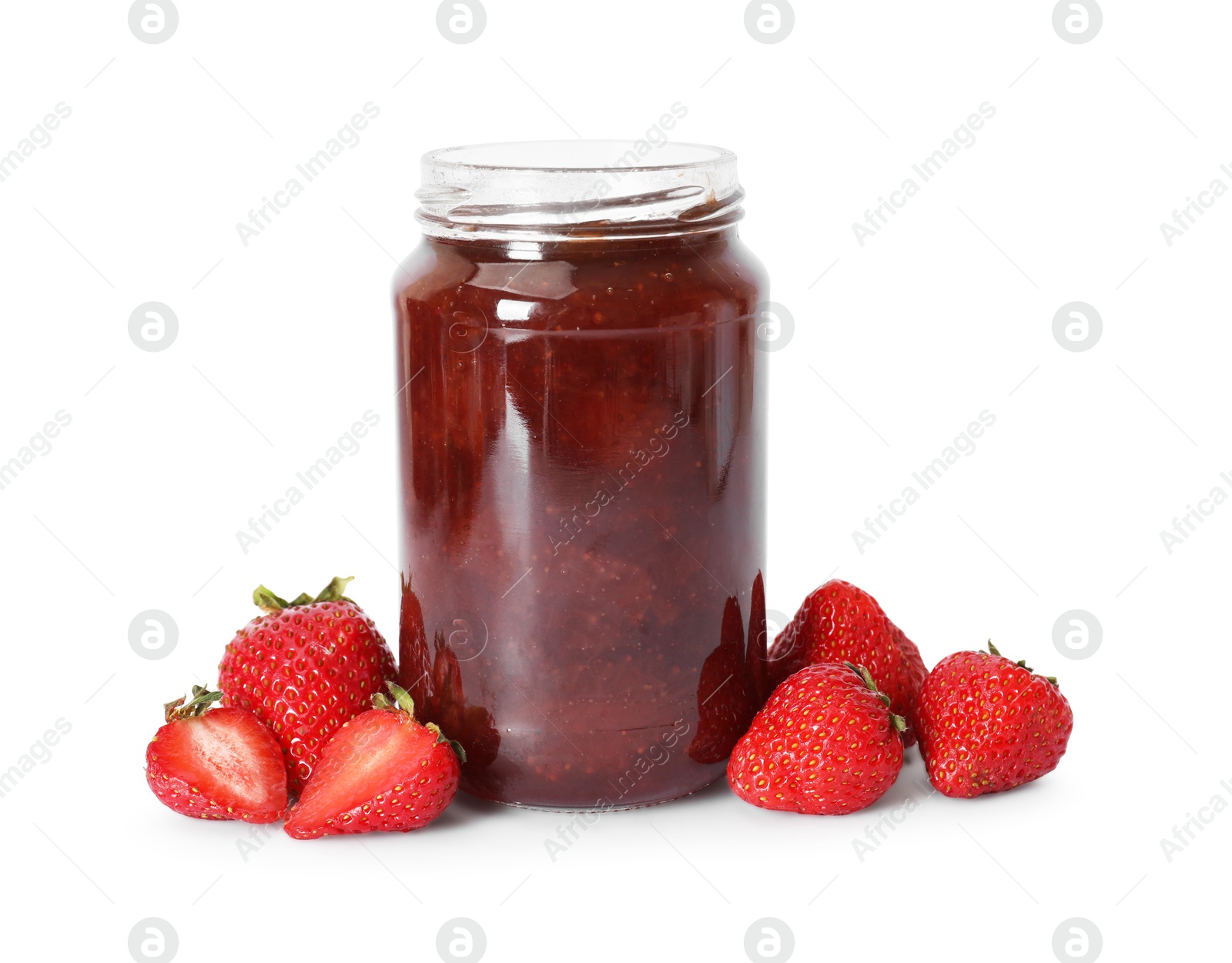 Sweet jam in jar and strawberries isolated on white Photo of Sweet jam in jar and strawberries isolated on white