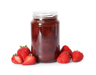 Photo of Sweet jam in jar and strawberries isolated on white