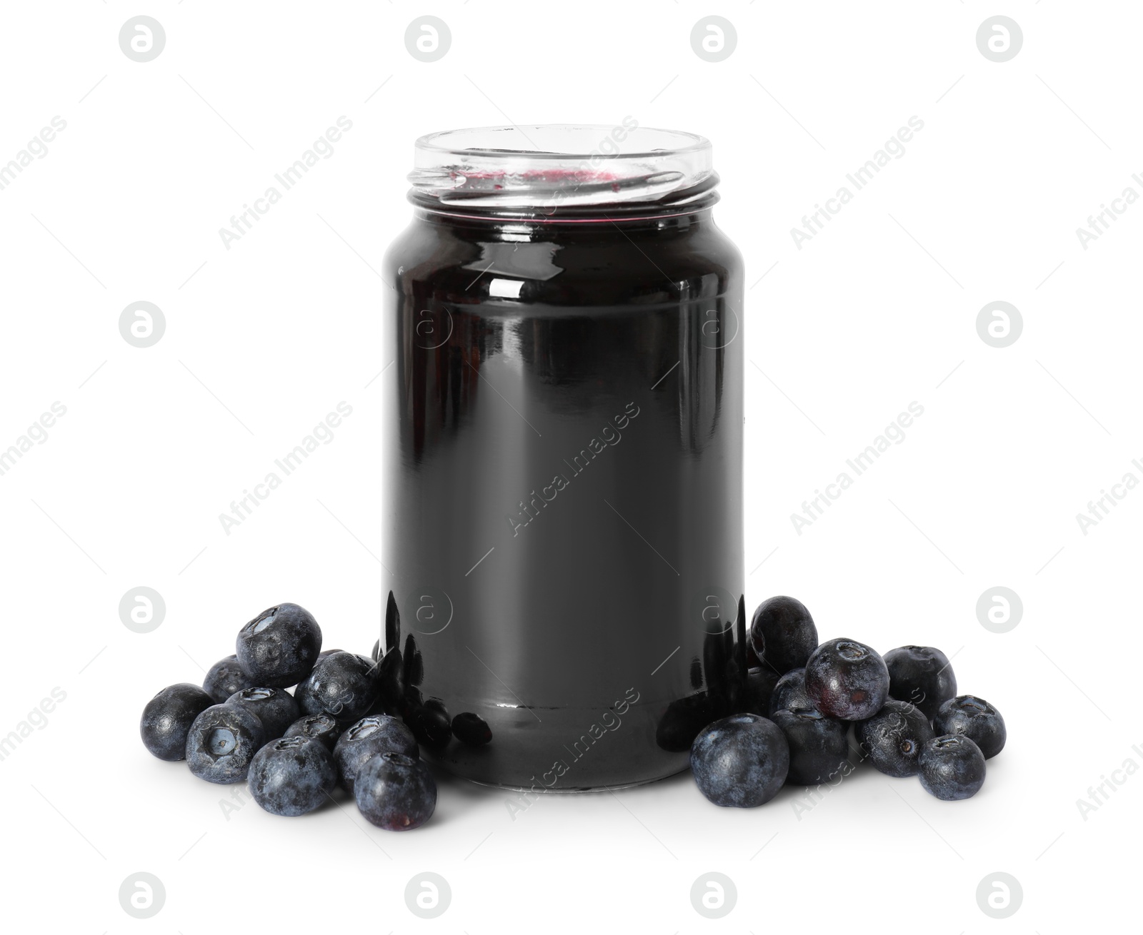 Sweet jam in jar and blueberries isolated on white Photo of Sweet jam in jar and blueberries isolated on white