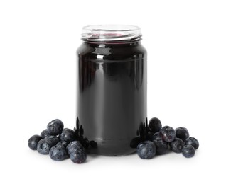 Photo of Sweet jam in jar and blueberries isolated on white