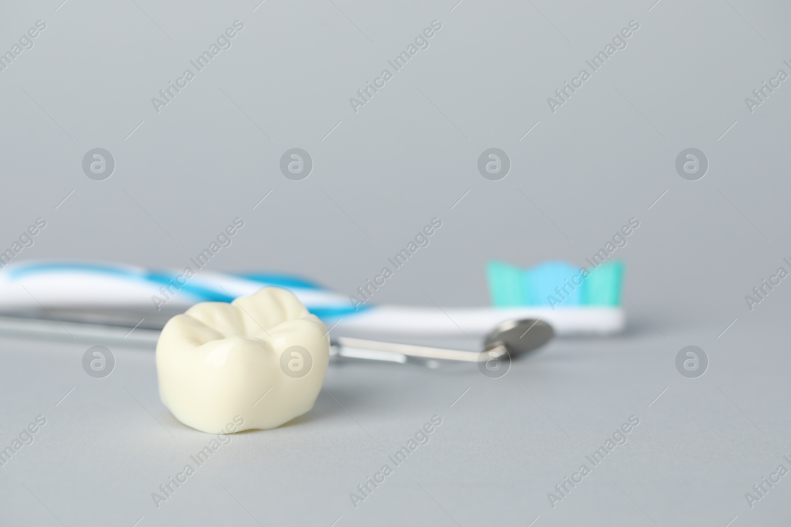 Different oral care products and tooth model on light grey background, closeup Photo of Different oral care products and tooth model on light grey background, closeup