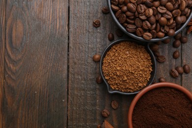 Photo of Different types of instant coffee and beans on wooden table, flat lay. Space for text