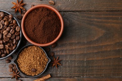 Photo of Different types of instant coffee, beans and spices on wooden table, flat lay. Space for text