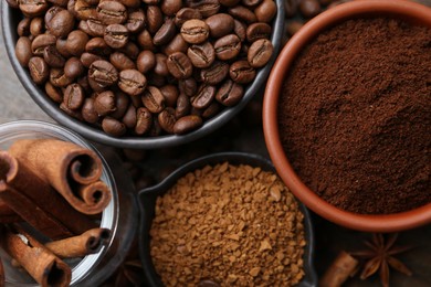 Photo of Different types of instant coffee, beans and spices on table, flat lay