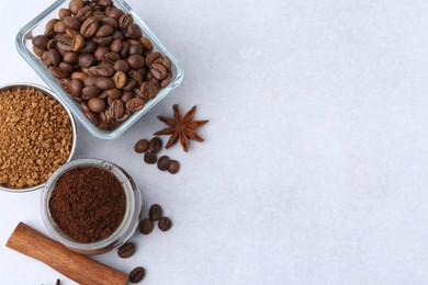 Photo of Different types of instant coffee, beans and spices on light table, flat lay. Space for text