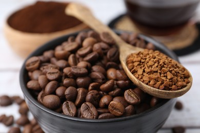Photo of Roasted beans and granulated instant coffee on light table, closeup