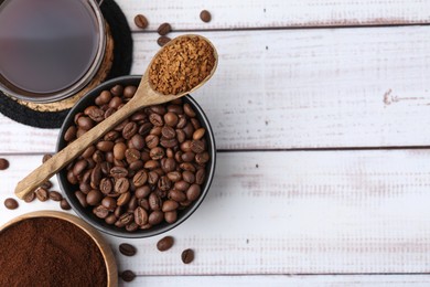 Photo of Different types of instant coffee, beans and aromatic drink on light wooden table, flat lay. Space for text