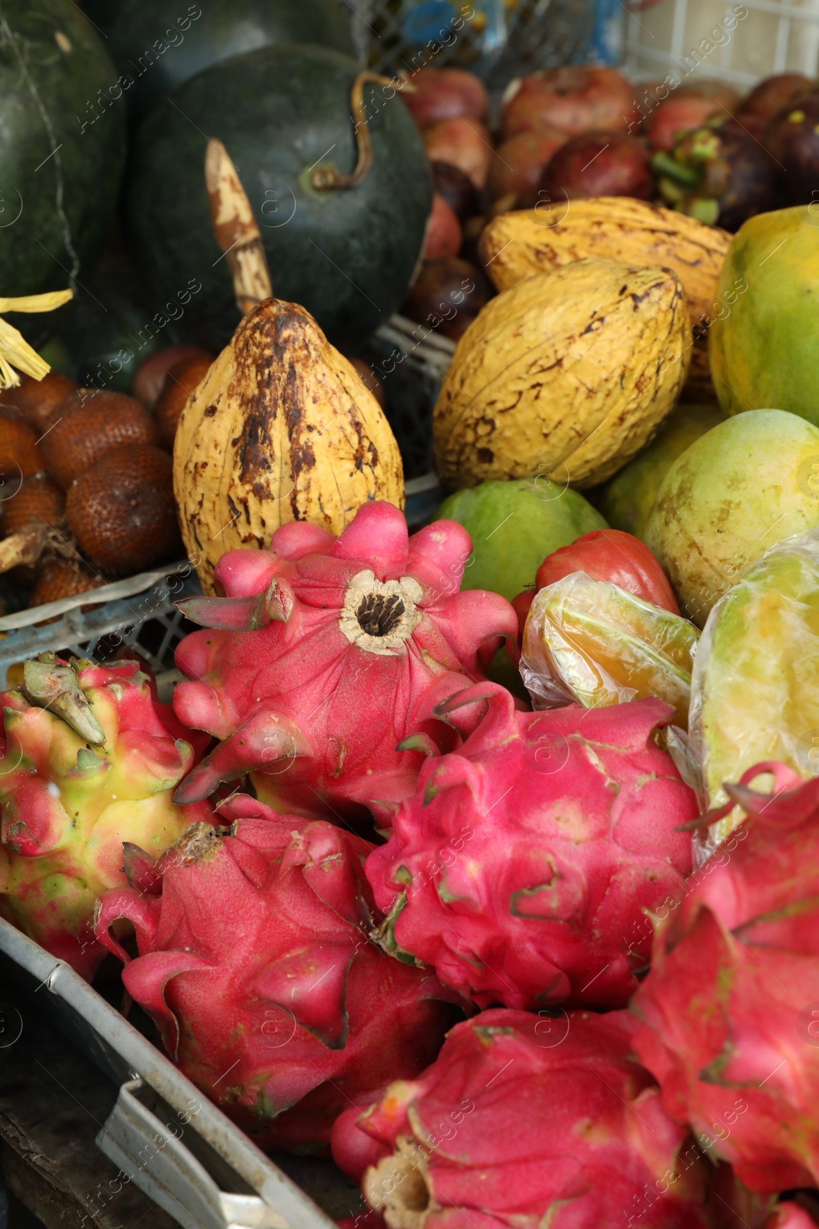 Different fresh ripe fruits at market, closeup Photo of Different fresh ripe fruits at market, closeup
