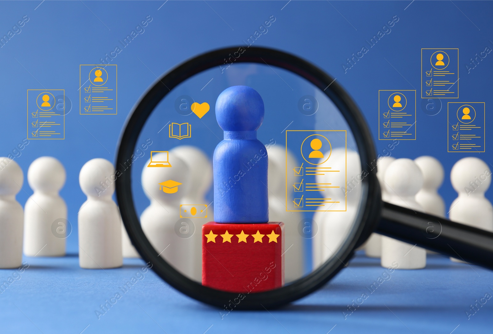 Employee search. Blue pawn among white ones, view through magnifying glass Image of Employee search. Blue pawn among white ones, view through magnifying glass