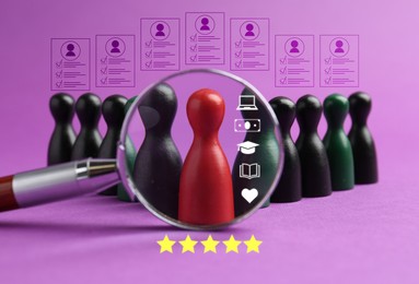 Image of Employee search. Red pawn among black ones on purple background, view through magnifying glass