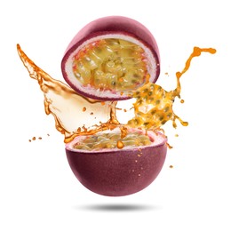 Image of Tasty passion juice splashing out from cut fruit in air on white background