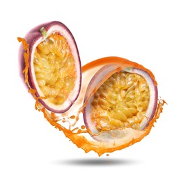 Image of Tasty passion fruit with juice in air on white background