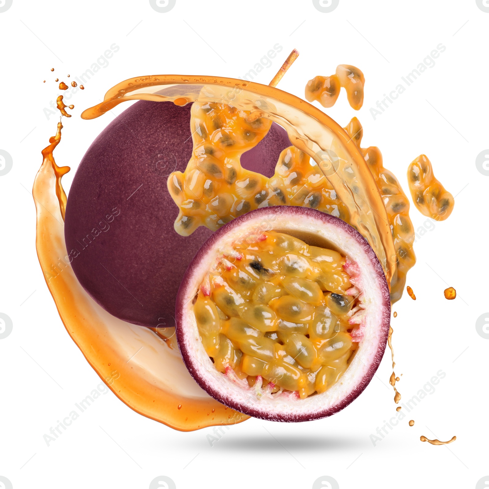 Tasty passion fruits with juice in air on white background Image of Tasty passion fruits with juice in air on white background