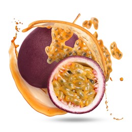 Image of Tasty passion fruits with juice in air on white background