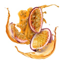 Image of Tasty passion fruit with juice in air on white background