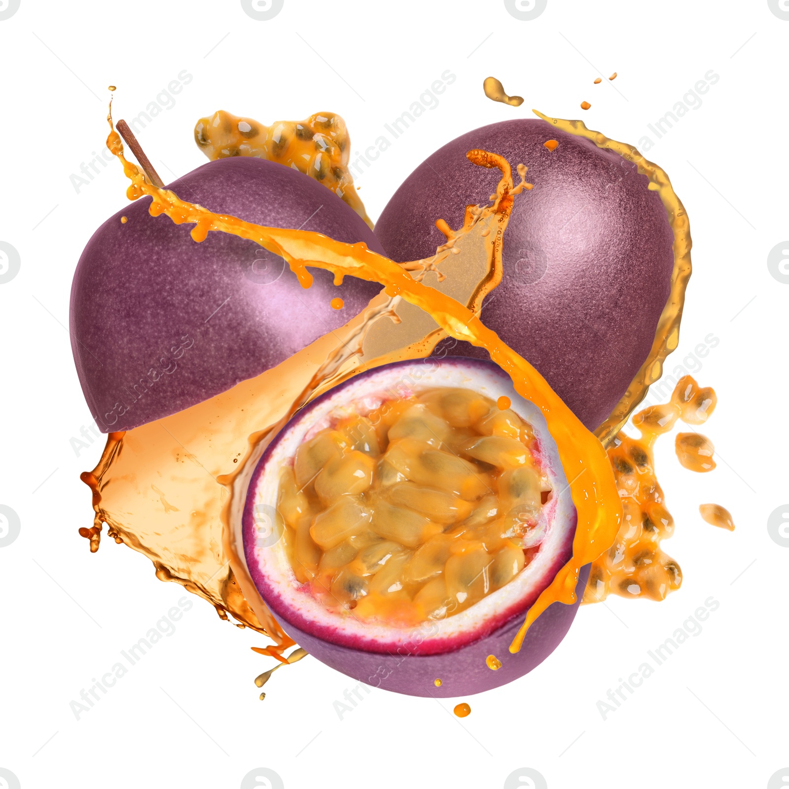 Tasty passion fruits with juice in air on white background Image of Tasty passion fruits with juice in air on white background