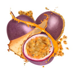 Image of Tasty passion fruits with juice in air on white background