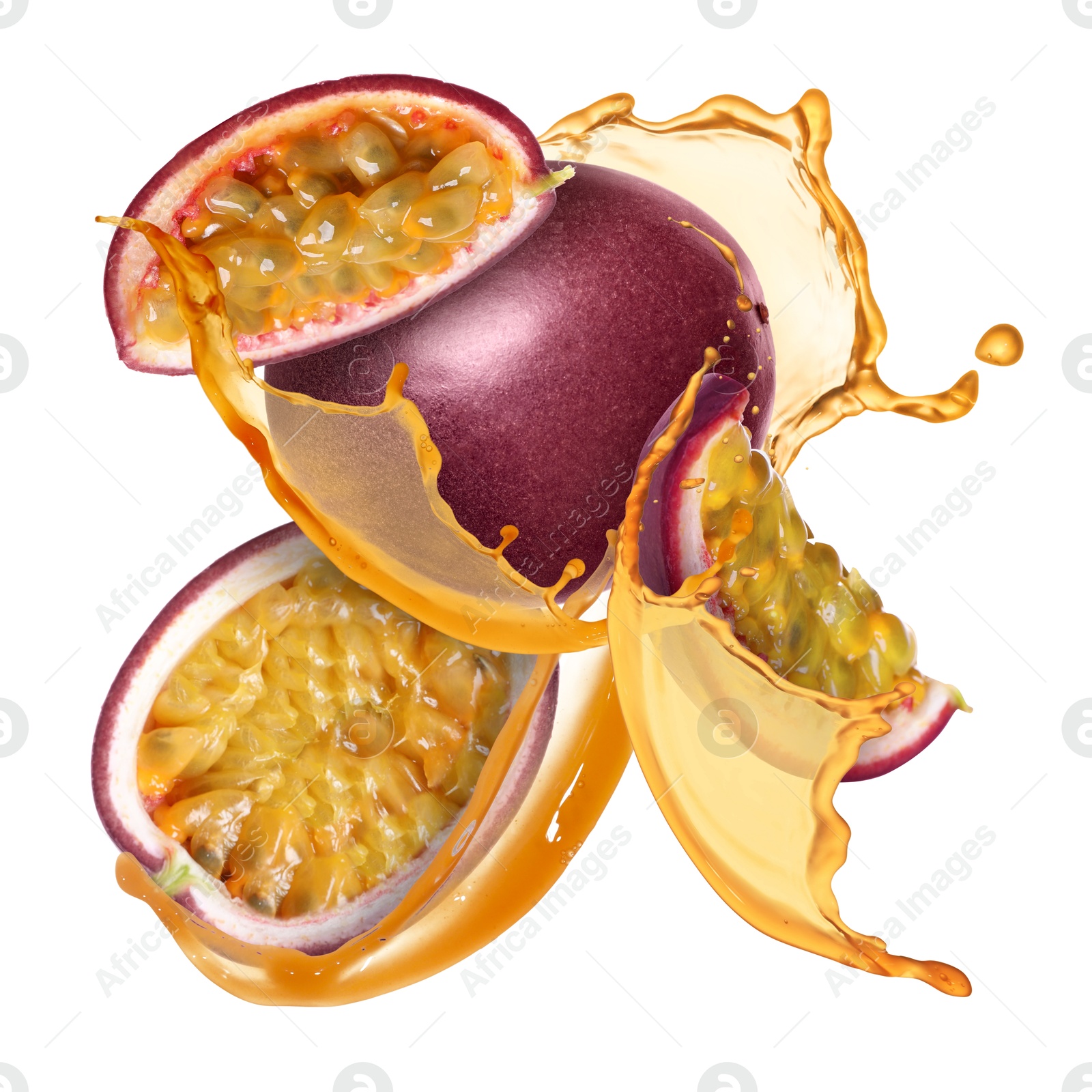 Tasty passion fruits with juice in air on white background Image of Tasty passion fruits with juice in air on white background