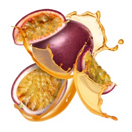 Image of Tasty passion fruits with juice in air on white background