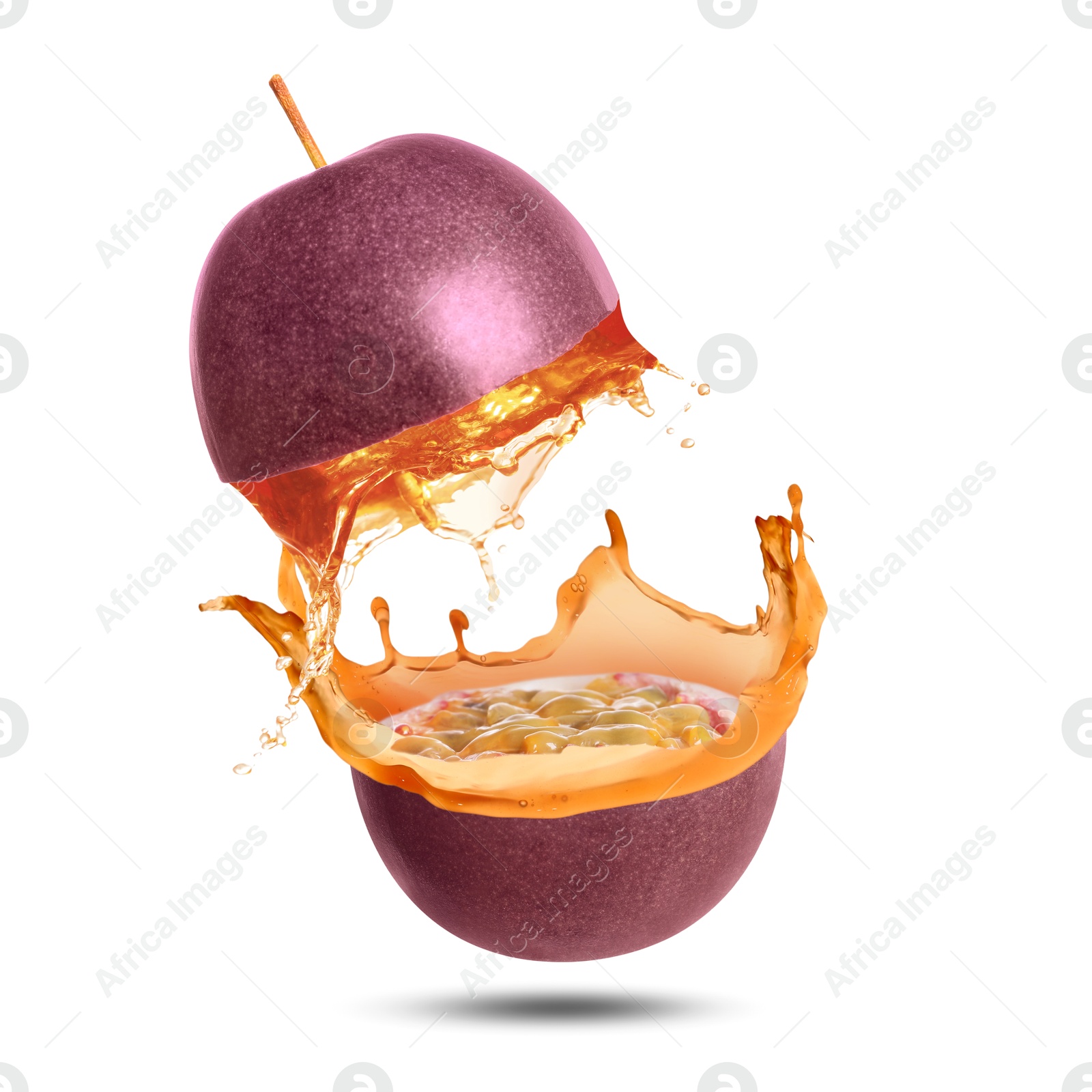Tasty passion juice splashing out from cut fruit in air on white background Image of Tasty passion juice splashing out from cut fruit in air on white background