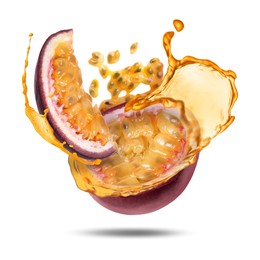 Image of Tasty passion fruit with juice in air on white background