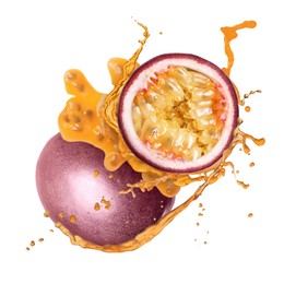 Image of Tasty passion fruits with juice in air on white background