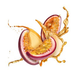 Image of Tasty passion fruit with juice in air on white background