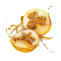 Image of Tasty passion fruit with juice in air on white background