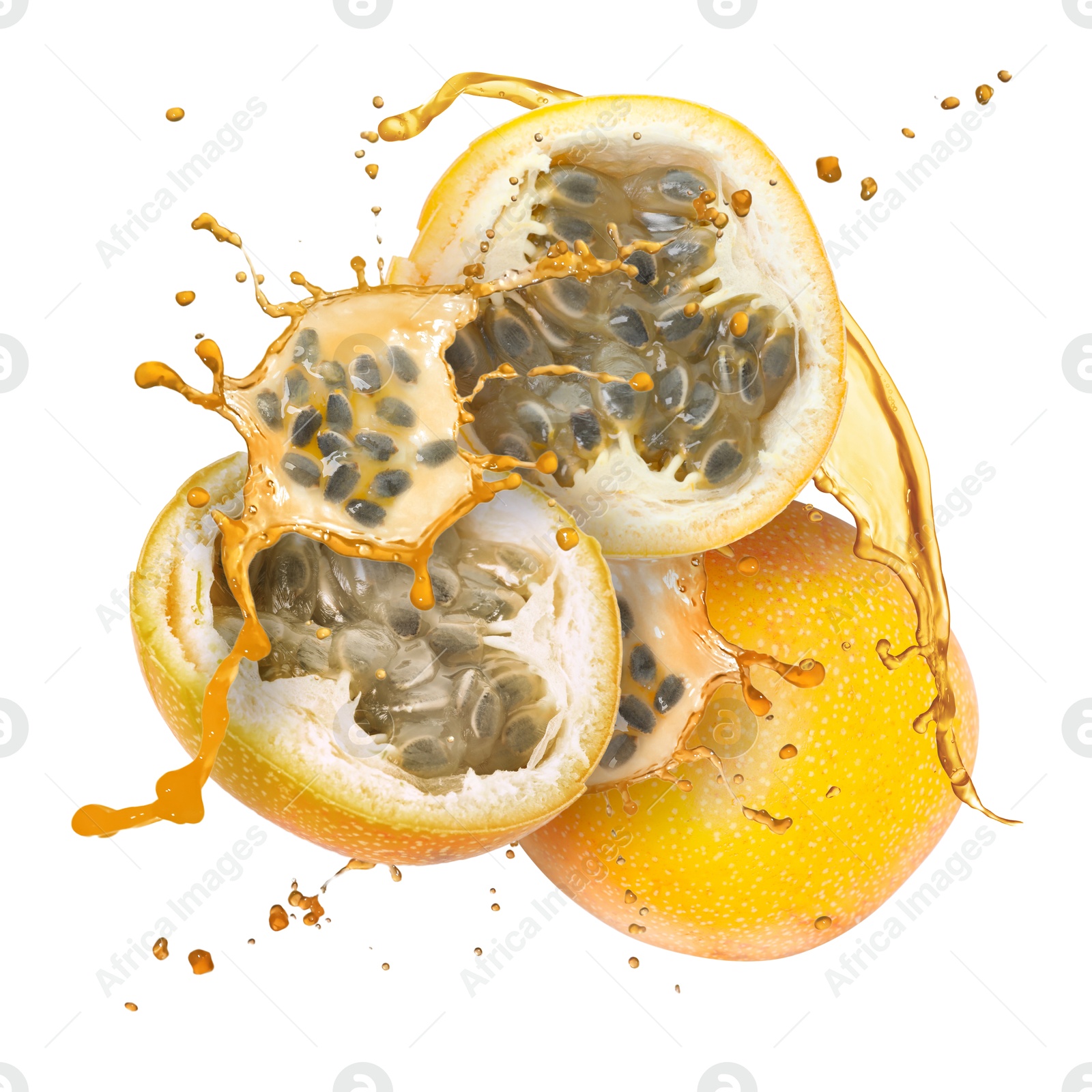Tasty passion fruits with juice in air on white background Image of Tasty passion fruits with juice in air on white background