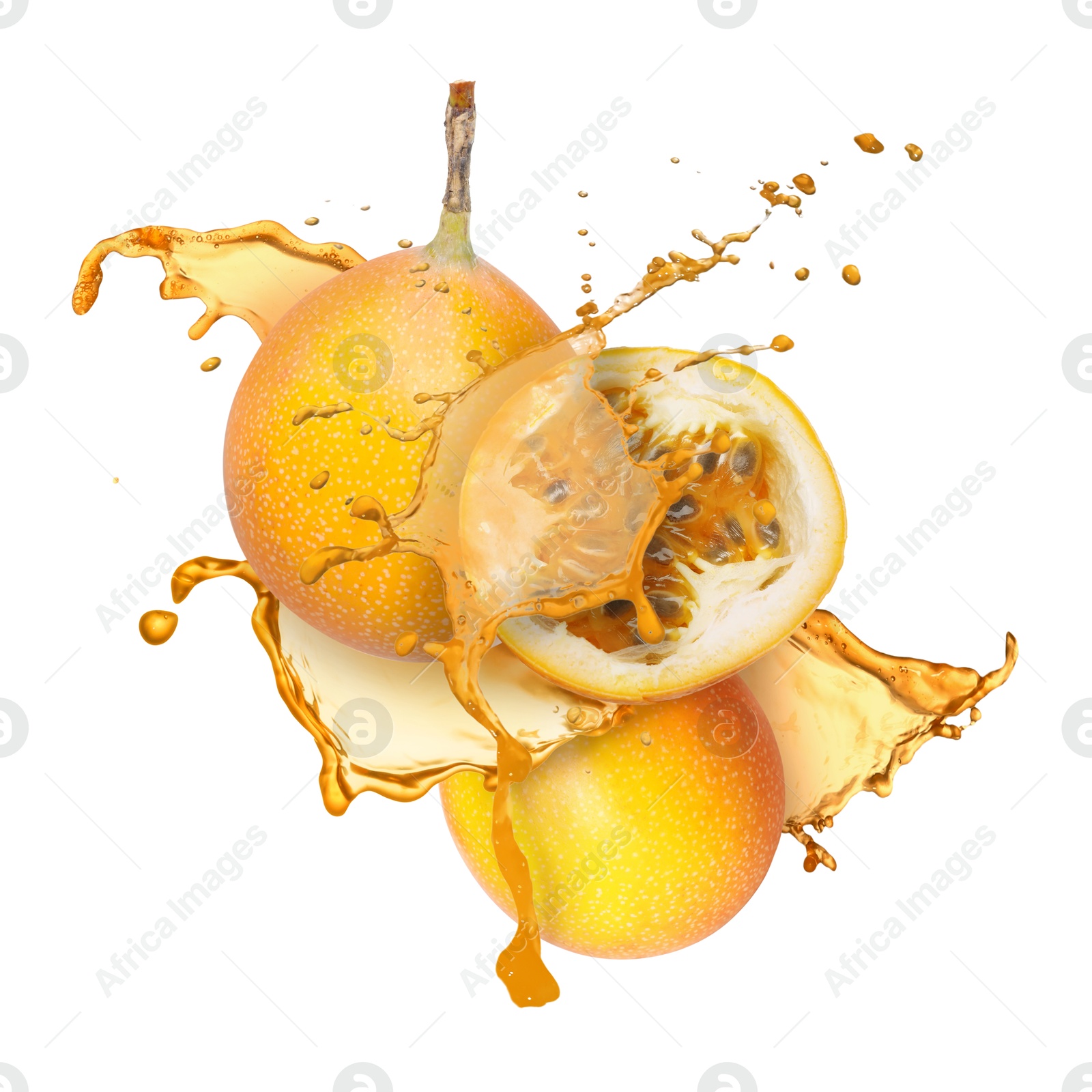 Tasty passion fruits with juice in air on white background Image of Tasty passion fruits with juice in air on white background