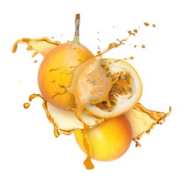 Image of Tasty passion fruits with juice in air on white background