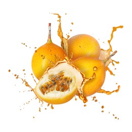 Image of Tasty passion fruits with juice in air on white background