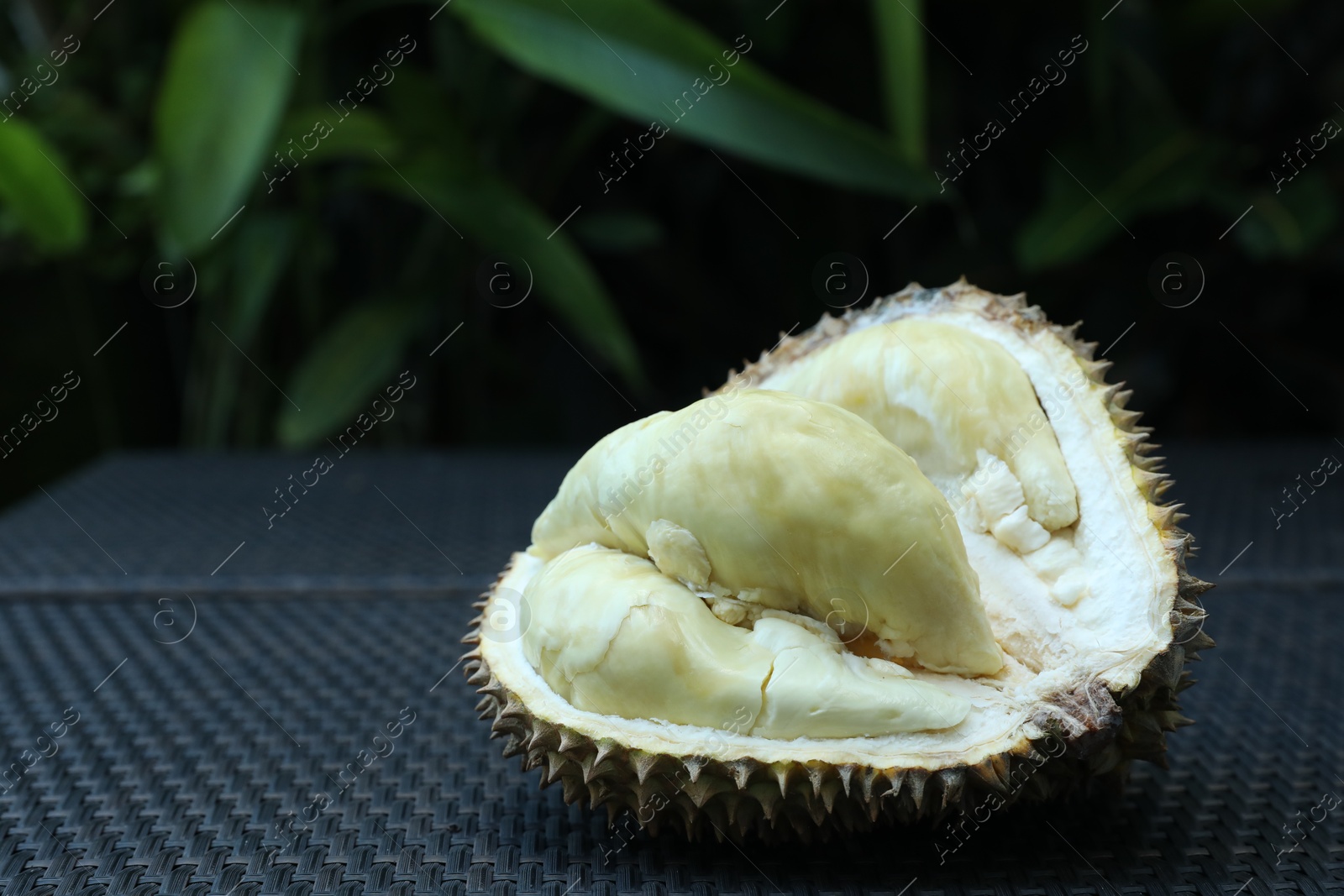 Fresh ripe durian on wicker table outdoors, closeup. Space for text Photo of Fresh ripe durian on wicker table outdoors, closeup. Space for text