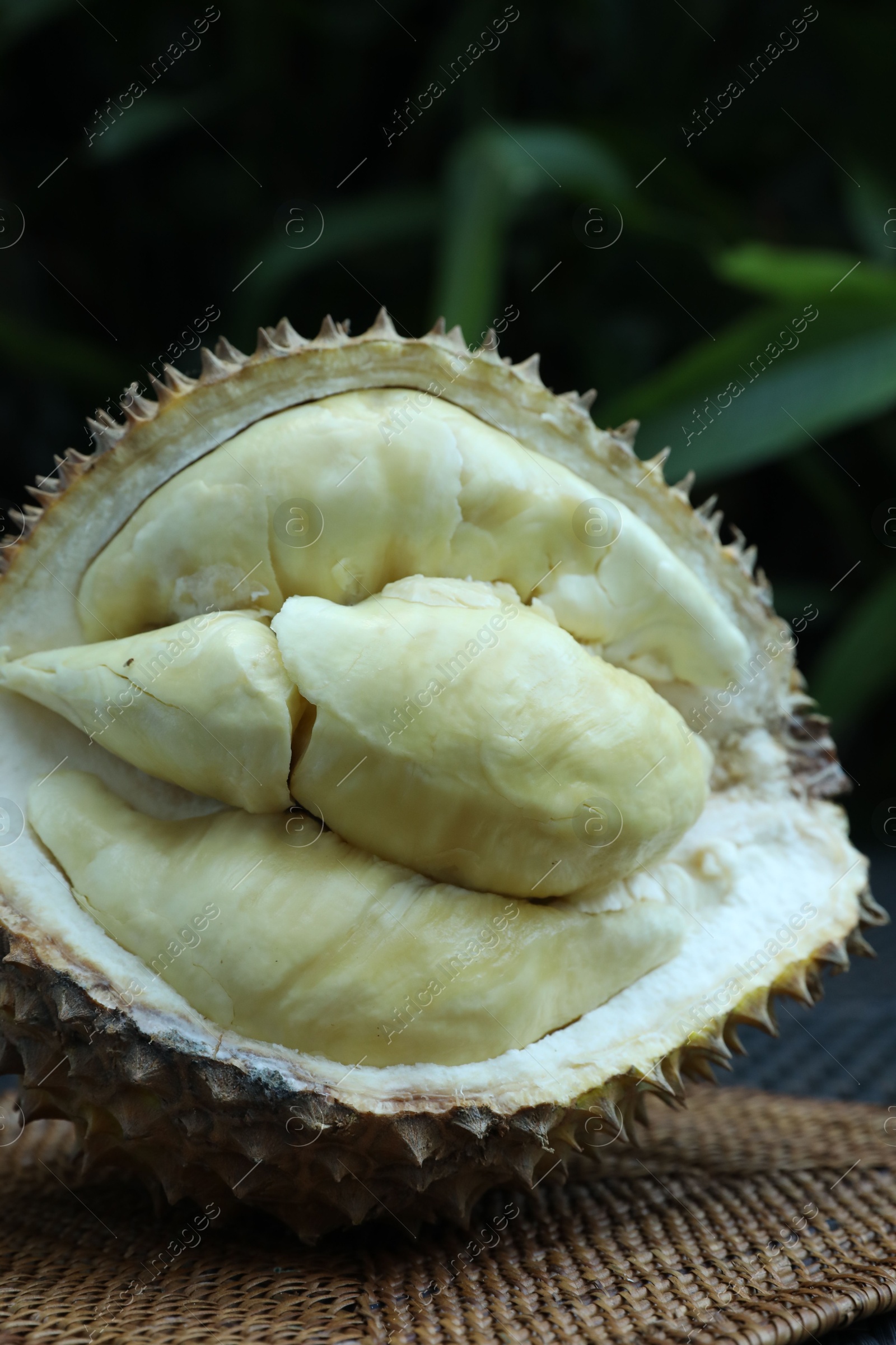Fresh ripe durian on table outdoors, closeup Photo of Fresh ripe durian on table outdoors, closeup