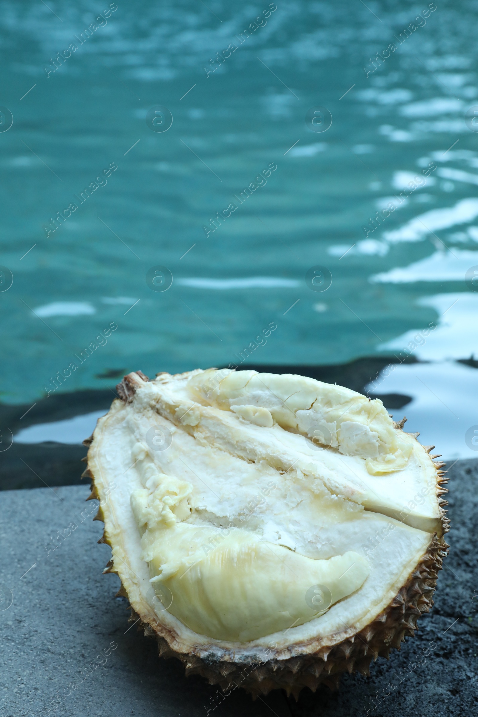 Fresh ripe durian on stone surface near swimming pool outdoors, closeup Photo of Fresh ripe durian on stone surface near swimming pool outdoors, closeup