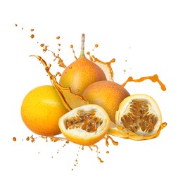 Image of Tasty passion fruits with juice in air on white background