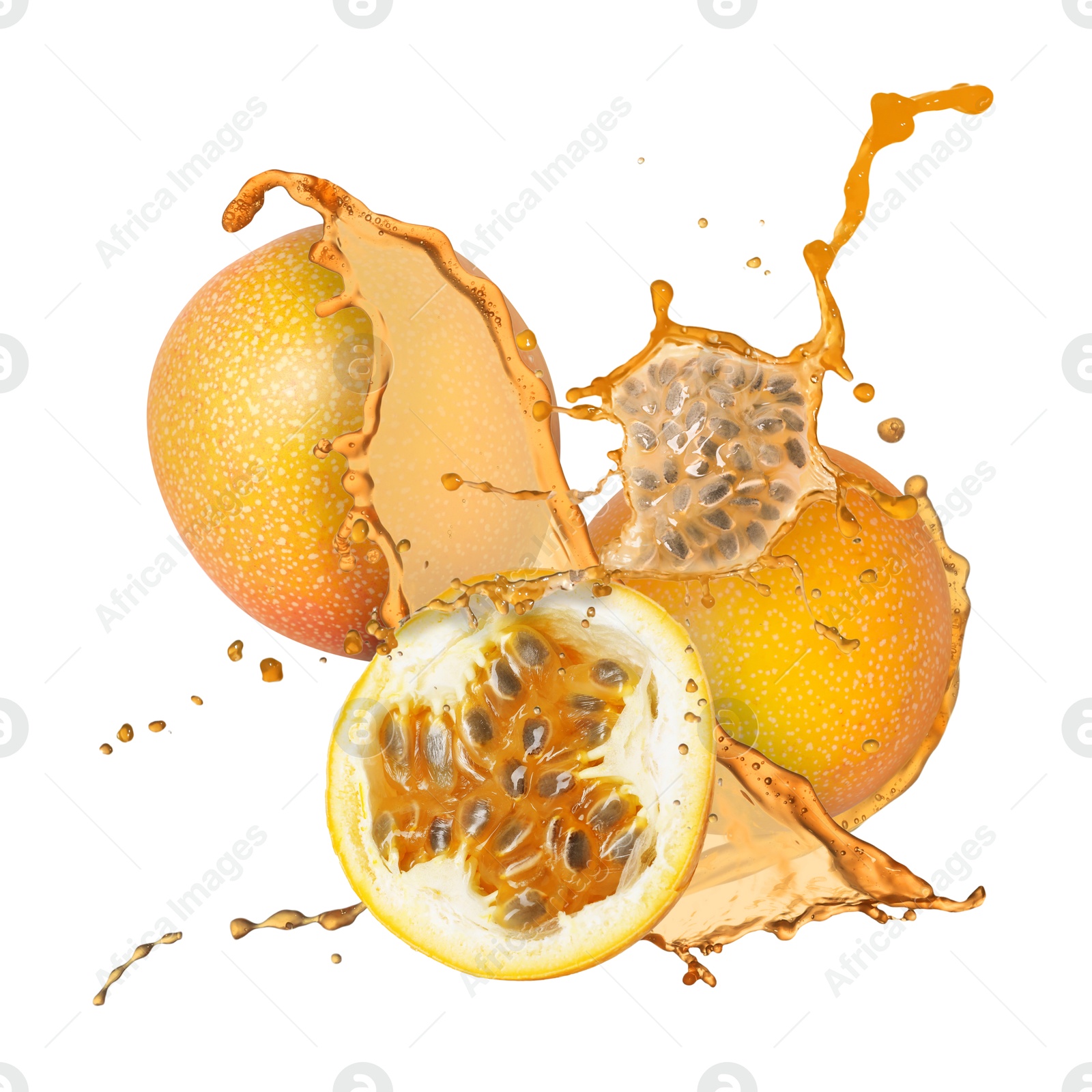 Tasty passion fruits with juice in air on white background Image of Tasty passion fruits with juice in air on white background