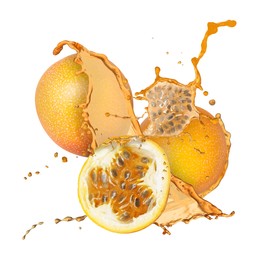 Image of Tasty passion fruits with juice in air on white background