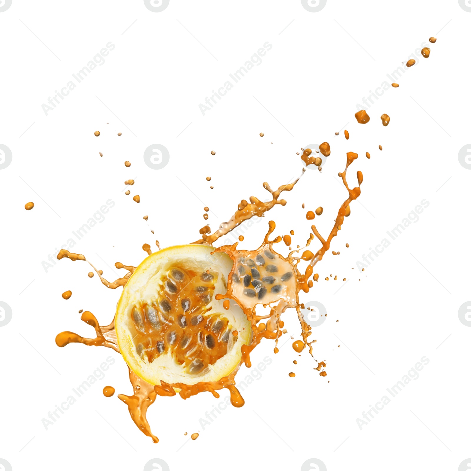 Tasty passion fruit with juice in air on white background Image of Tasty passion fruit with juice in air on white background