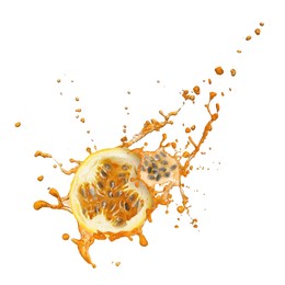 Image of Tasty passion fruit with juice in air on white background