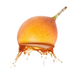 Image of Tasty passion juice splashing out from cut fruit in air on white background