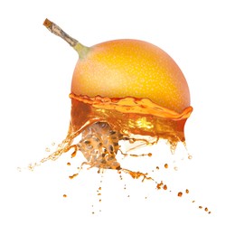 Image of Tasty passion juice splashing out from cut fruit in air on white background