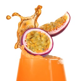 Image of Tasty passion juice splashing out of glass and cut fruit on white background