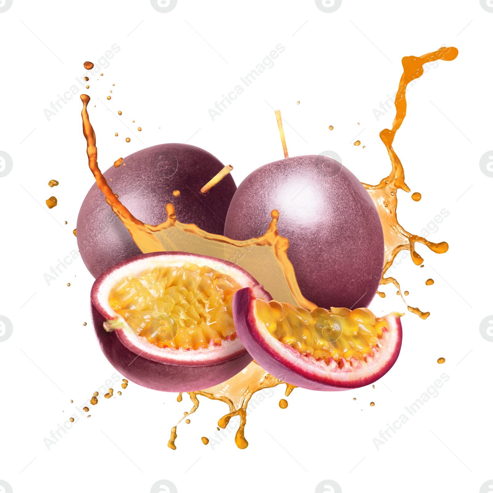 Tasty passion juice splashing with fresh fruits in air on white background Image of Tasty passion juice splashing with fresh fruits in air on white background