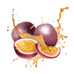 Image of Tasty passion juice splashing with fresh fruits in air on white background