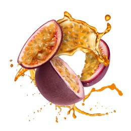 Image of Tasty passion juice splashing with cut fruit in air on white background