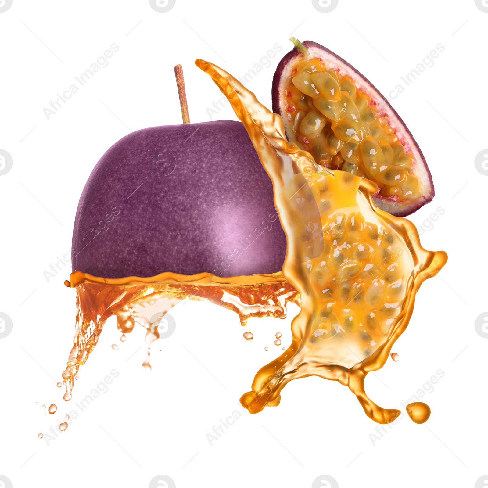 Tasty passion juice splashing out from cut fruit in air on white background Image of Tasty passion juice splashing out from cut fruit in air on white background