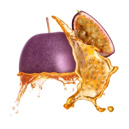 Image of Tasty passion juice splashing out from cut fruit in air on white background