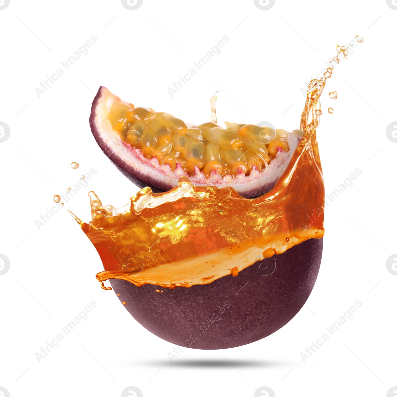 Tasty passion juice splashing out from cut fruit in air on white background Image of Tasty passion juice splashing out from cut fruit in air on white background
